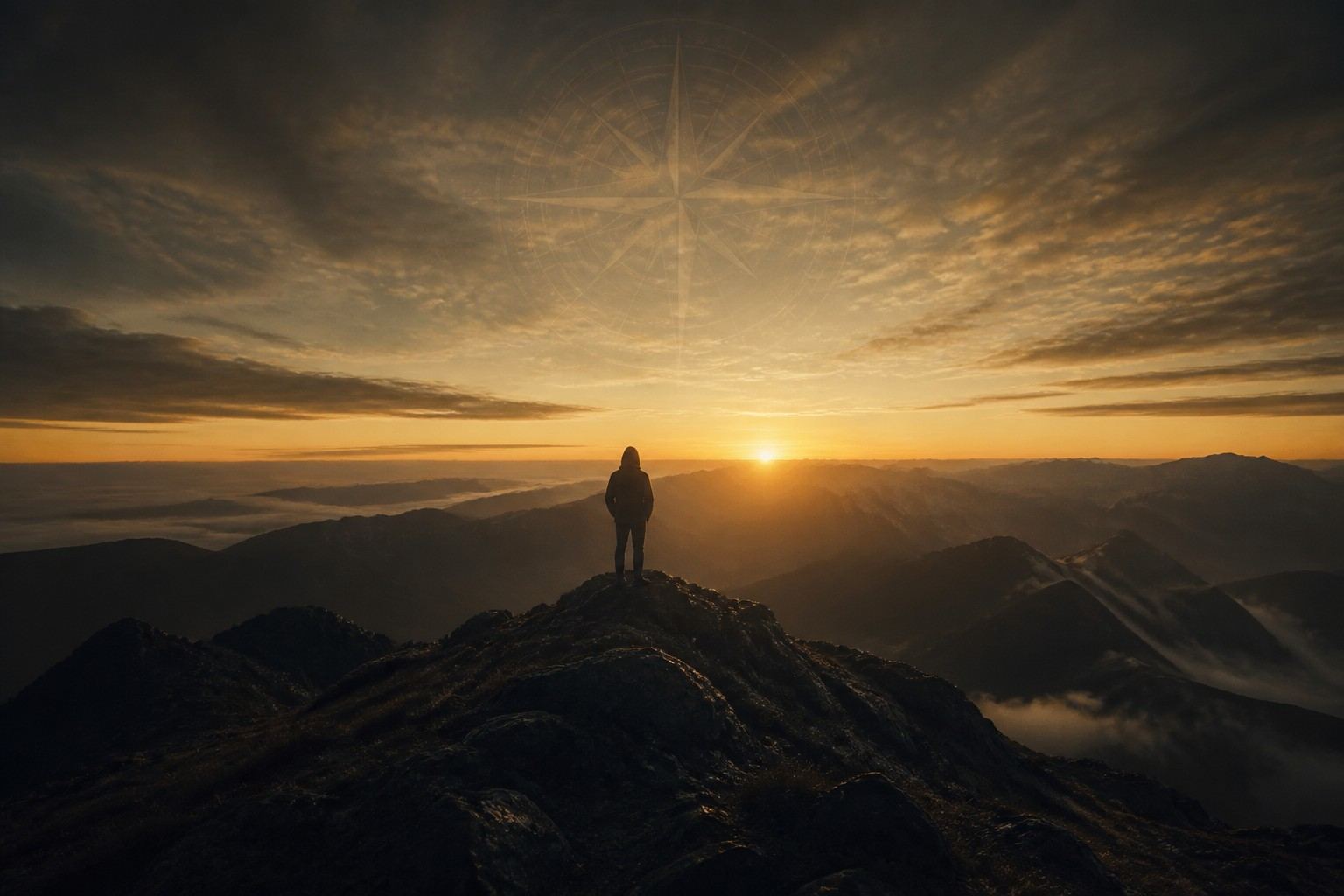 A lone figure on a ridge facing first light.