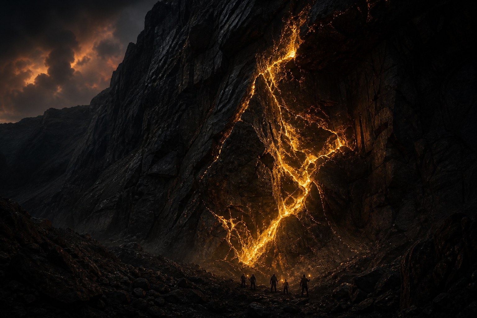A vein of gold glowing inside a dark mountain.