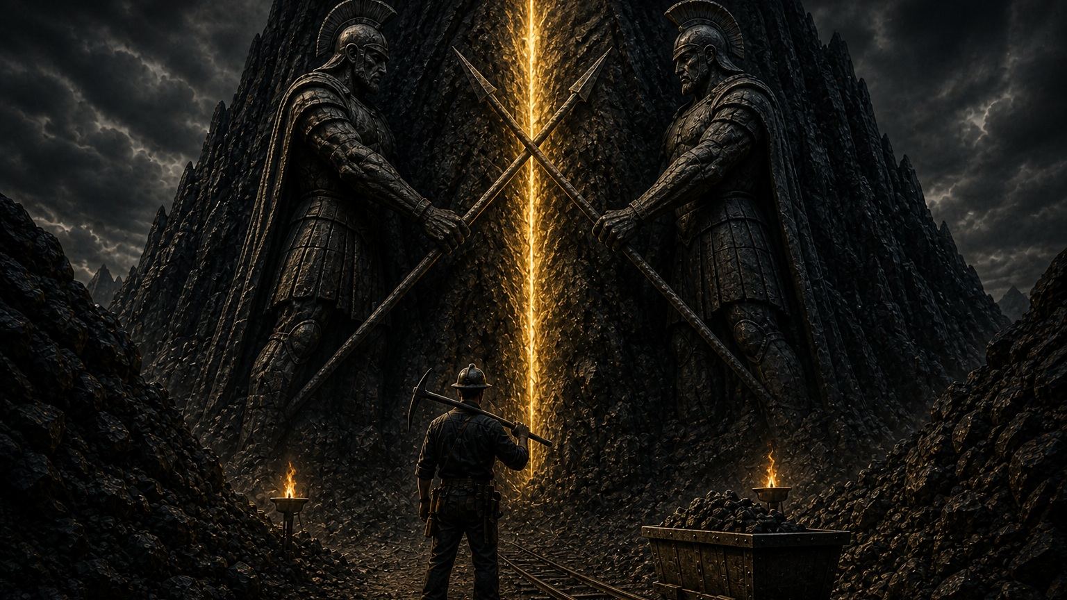 A lone miner stands before a colossal stone gateway of gold light.