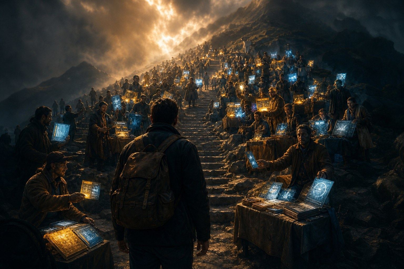 A crowded mountain path of people selling maps and promises.