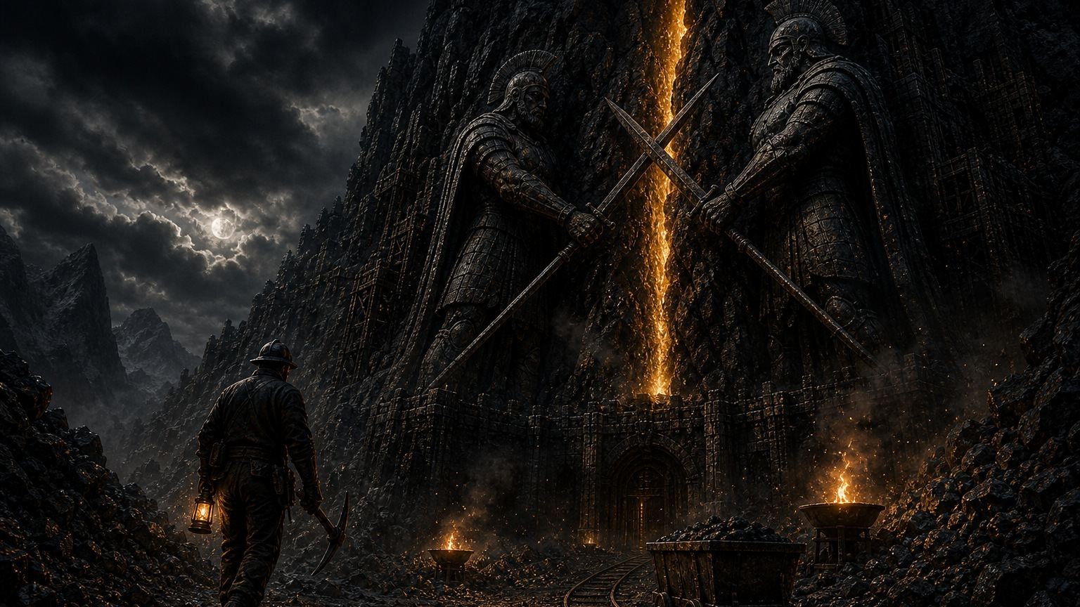 A miner approaches a mountain gate of two colossal stone warriors with crossed swords.
