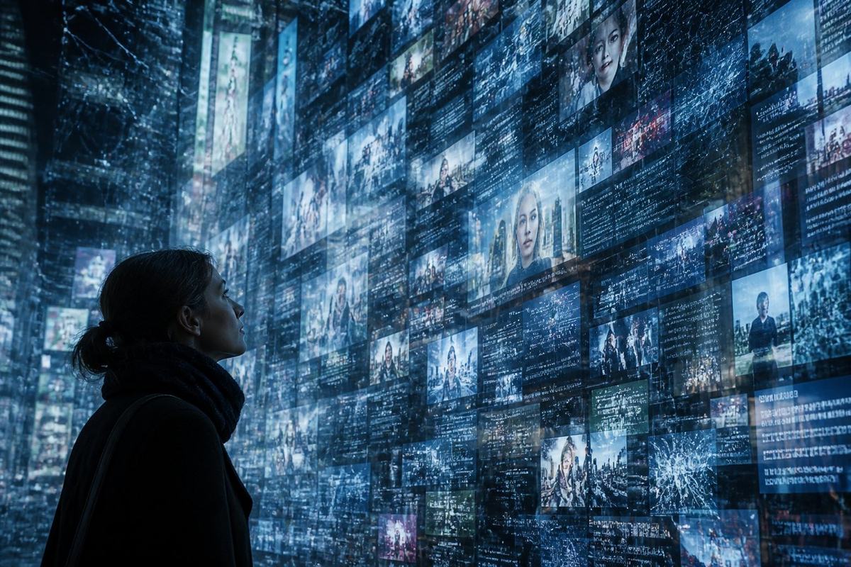 A woman facing a wall of city ads and network noise.