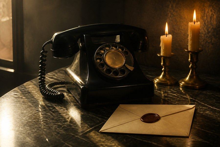 A rotary telephone and a sealed letter by candlelight.