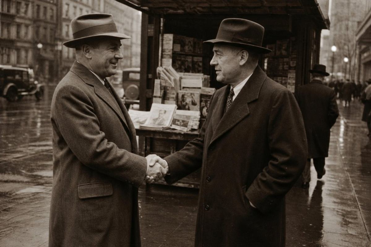 Two businessmen shaking hands on a wet city sidewalk.
