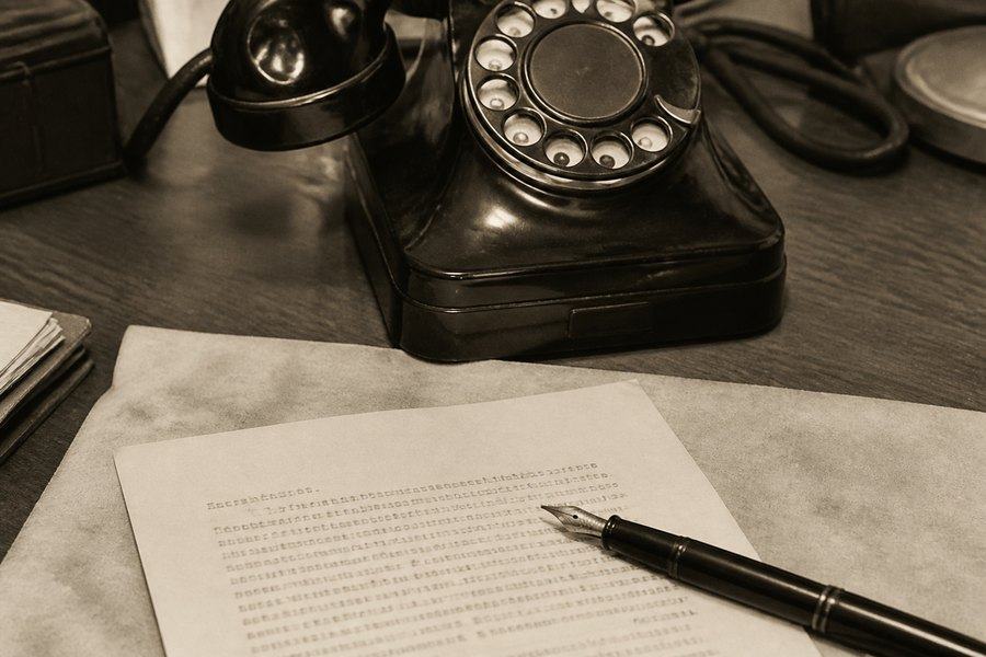 A rotary telephone and a typed letter.