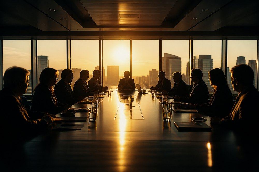 Stakeholders around a long boardroom table.