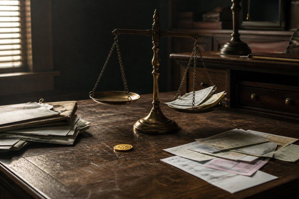 A worn desk, a scale, and a single gold coin.
