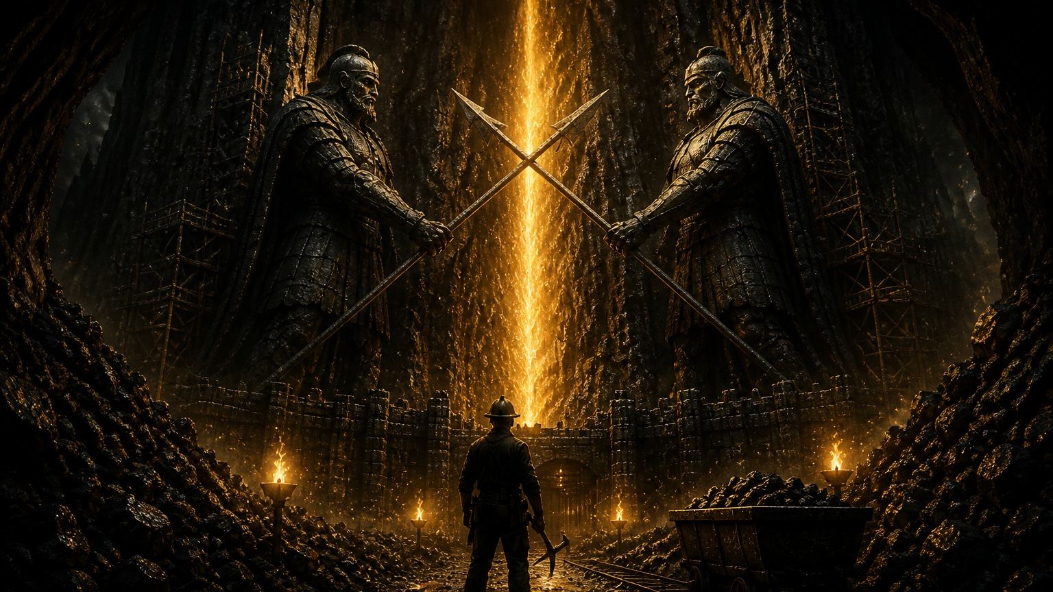 A miner faces a cavern gate of two stone warriors and a gold rift.