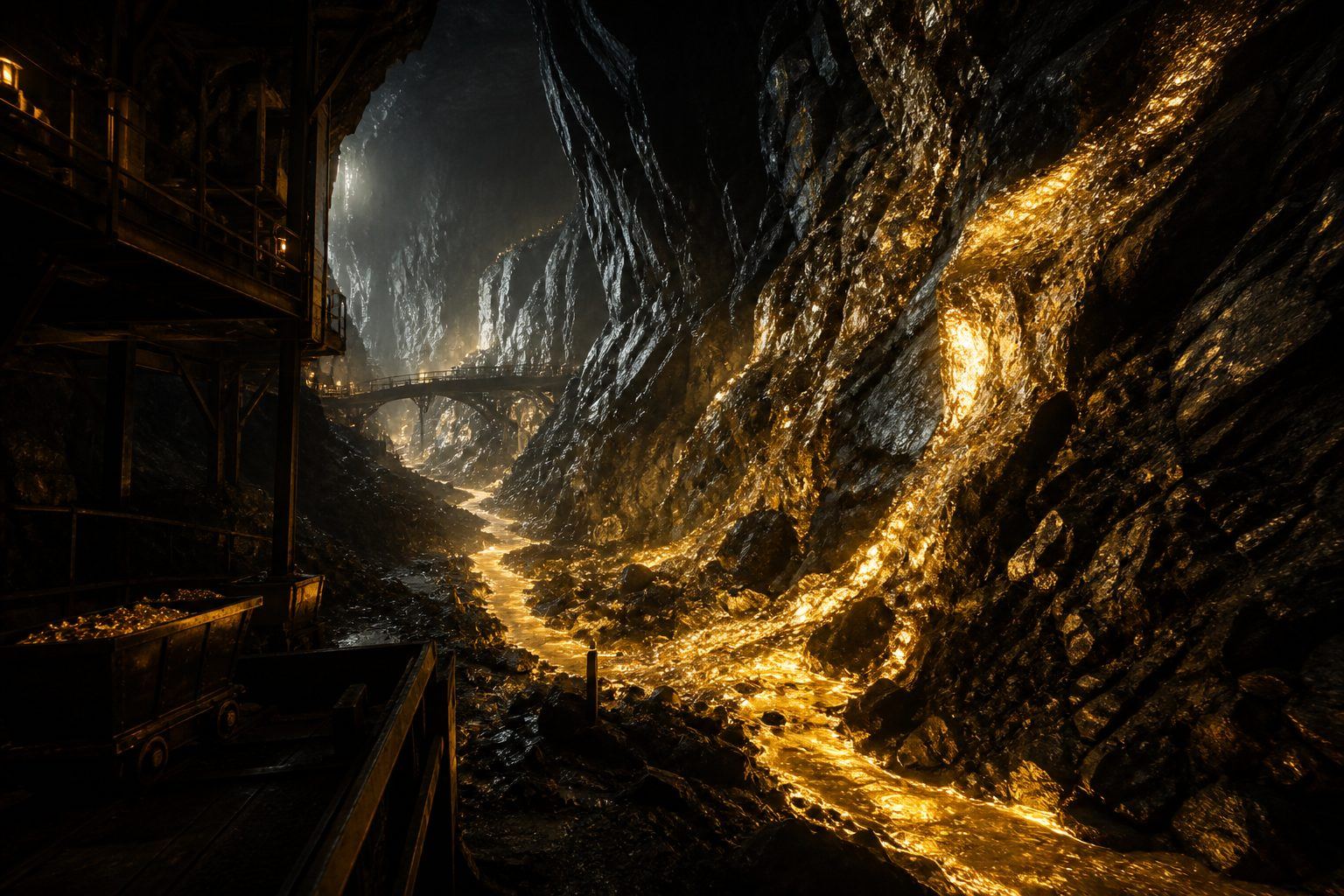 A vein of gold glowing through dark mountain rock.